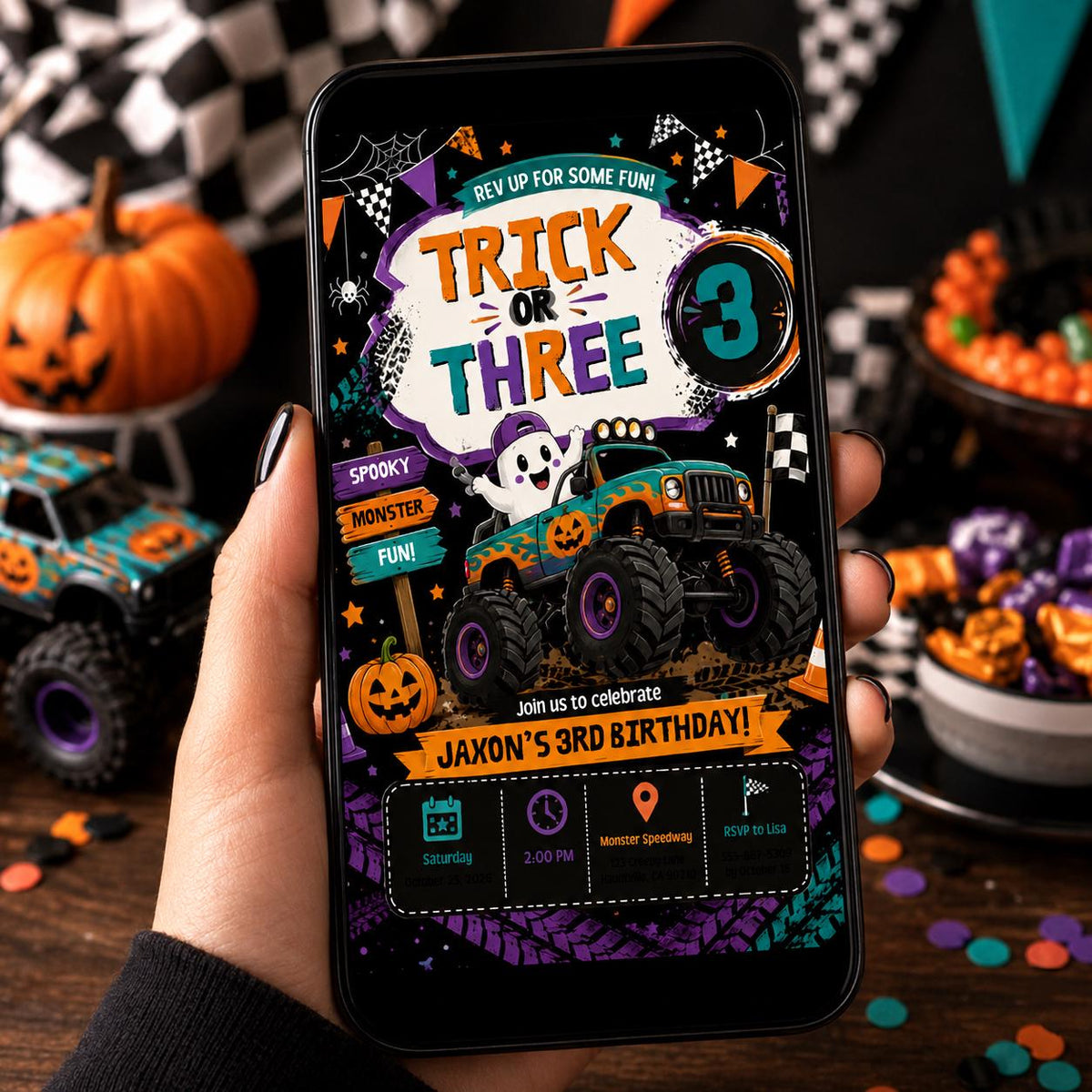 Halloween Monster Truck 3rd Birthday Invitation, Spooky Racing Party Invite, Editable Canva Template, Instant Download