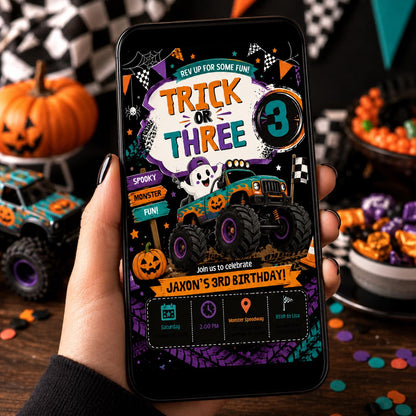 Halloween Monster Truck 3rd Birthday Invitation, Spooky Racing Party Invite, Editable Canva Template, Instant Download