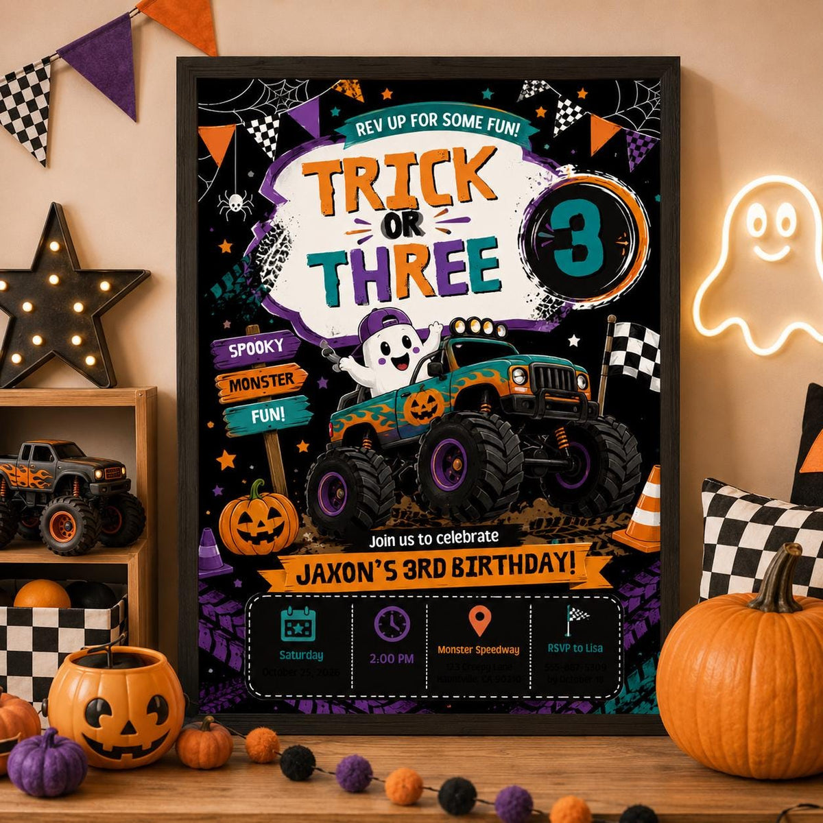 Halloween Monster Truck 3rd Birthday Invitation, Spooky Racing Party Invite, Editable Canva Template, Instant Download