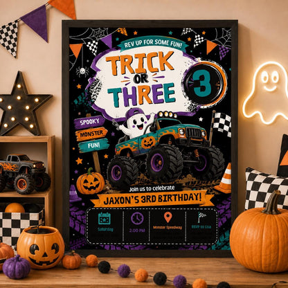 Halloween Monster Truck 3rd Birthday Invitation, Spooky Racing Party Invite, Editable Canva Template, Instant Download