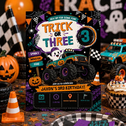 Halloween Monster Truck 3rd Birthday Invitation, Spooky Racing Party Invite, Editable Canva Template, Instant Download