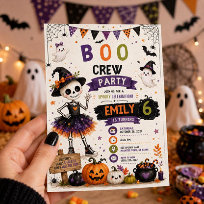 Halloween 6th Birthday Invitation, Cute Skeleton Costume Party Invite, Girls Spooky Birthday, Editable Canva Template, Instant Download