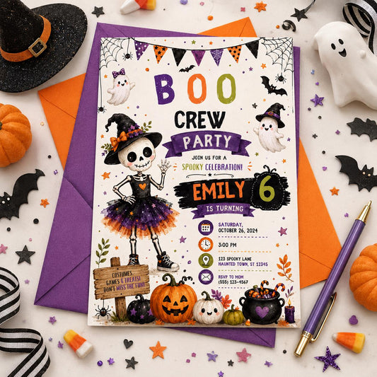 Halloween 6th Birthday Invitation, Cute Skeleton Costume Party Invite, Girls Spooky Birthday, Editable Canva Template, Instant Download