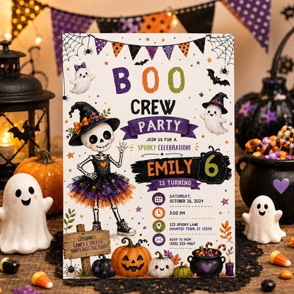 Halloween 6th Birthday Invitation, Cute Skeleton Costume Party Invite, Girls Spooky Birthday, Editable Canva Template, Instant Download