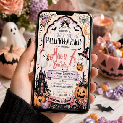 Pink Halloween 7th Birthday Invitation, Spooky Cute Ghost Party Invite, Editable Canva Template, Girls Costume Party Instant Download