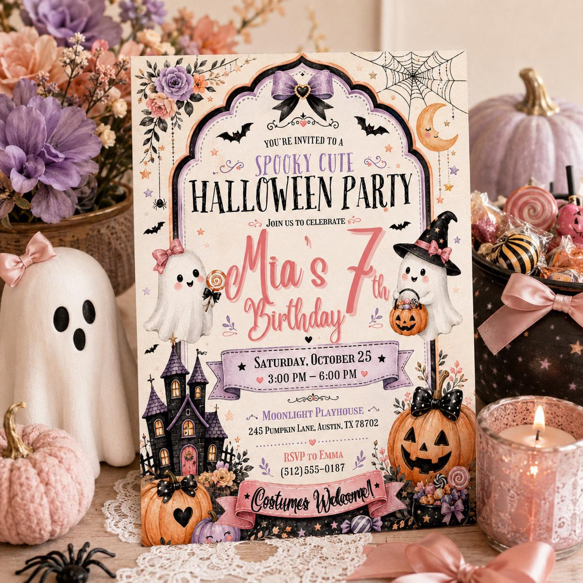 Pink Halloween 7th Birthday Invitation, Spooky Cute Ghost Party Invite, Editable Canva Template, Girls Costume Party Instant Download