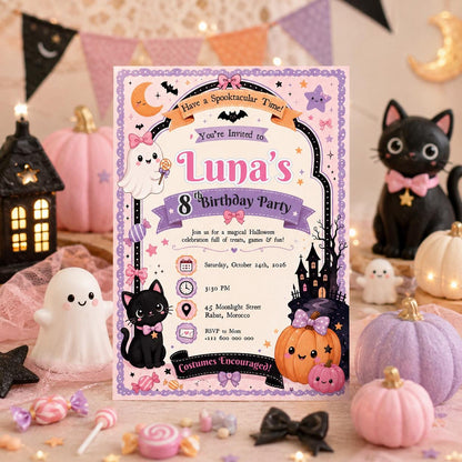Pink Halloween 8th Birthday Invitation, Cute Ghost Party Invite, Editable Canva Template, Girls Spooky Party, Instant Download