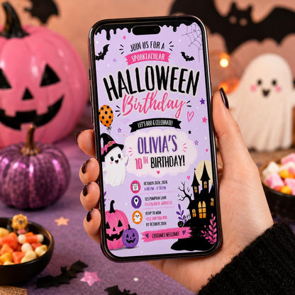 Pink Halloween 10th Birthday Invitation, Cute Ghost Party Invite, Girls Spooky Costume Party, Editable Canva Template, Instant Download