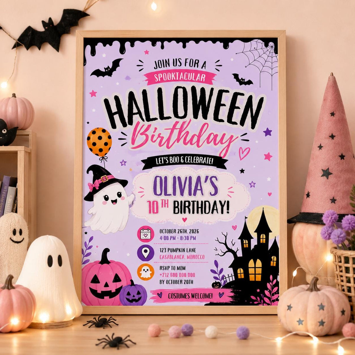 Pink Halloween 10th Birthday Invitation, Cute Ghost Party Invite, Girls Spooky Costume Party, Editable Canva Template, Instant Download