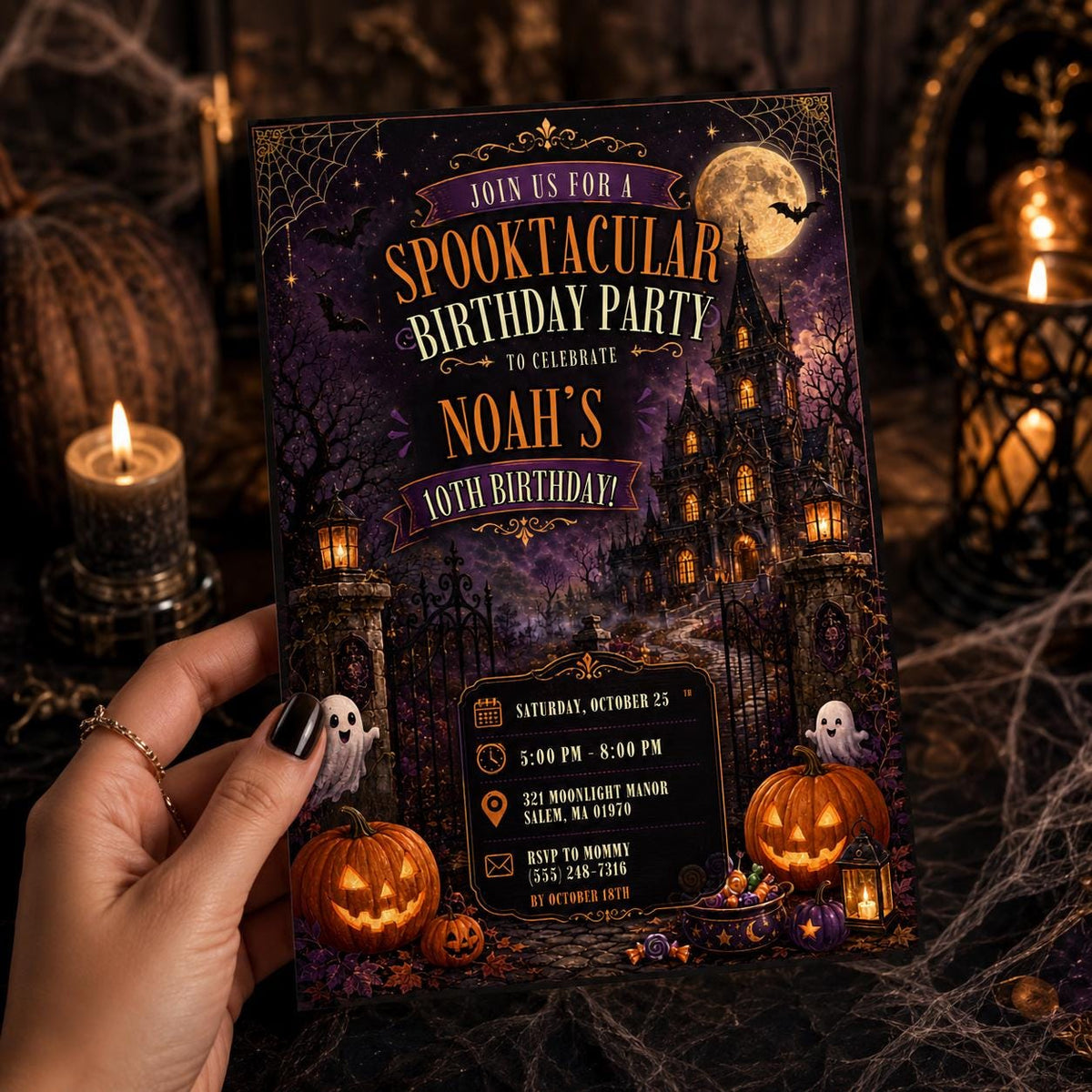 Halloween 10th Birthday Invitation, Haunted House Party Invite, Spooky Gothic Birthday, Editable Canva Template, Instant Download