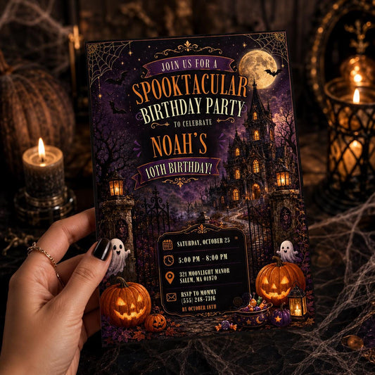 Halloween 10th Birthday Invitation, Haunted House Party Invite, Spooky Gothic Birthday, Editable Canva Template, Instant Download