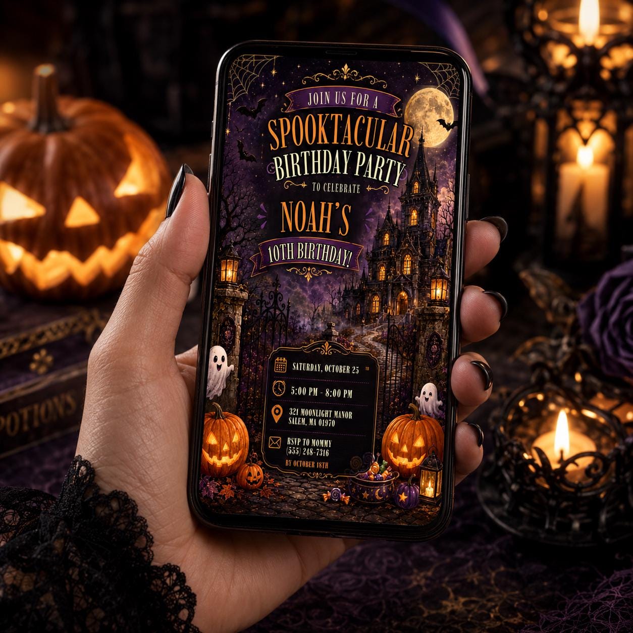 Halloween 10th Birthday Invitation, Haunted House Party Invite, Spooky Gothic Birthday, Editable Canva Template, Instant Download