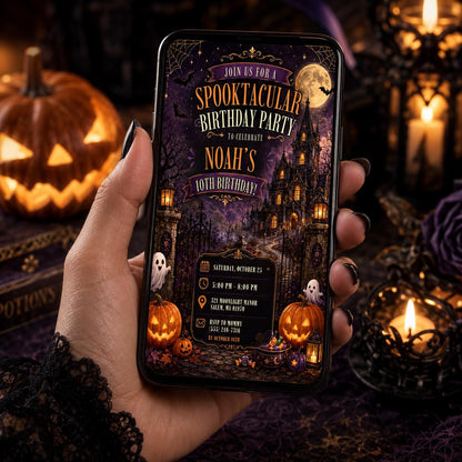 Halloween 10th Birthday Invitation, Haunted House Party Invite, Spooky Gothic Birthday, Editable Canva Template, Instant Download