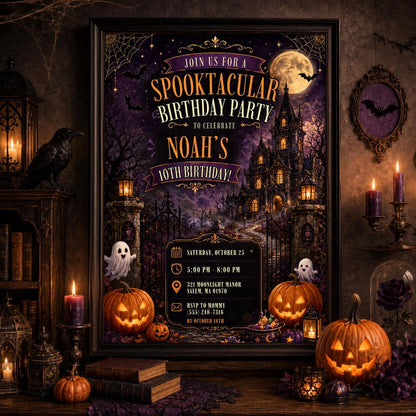 Halloween 10th Birthday Invitation, Haunted House Party Invite, Spooky Gothic Birthday, Editable Canva Template, Instant Download