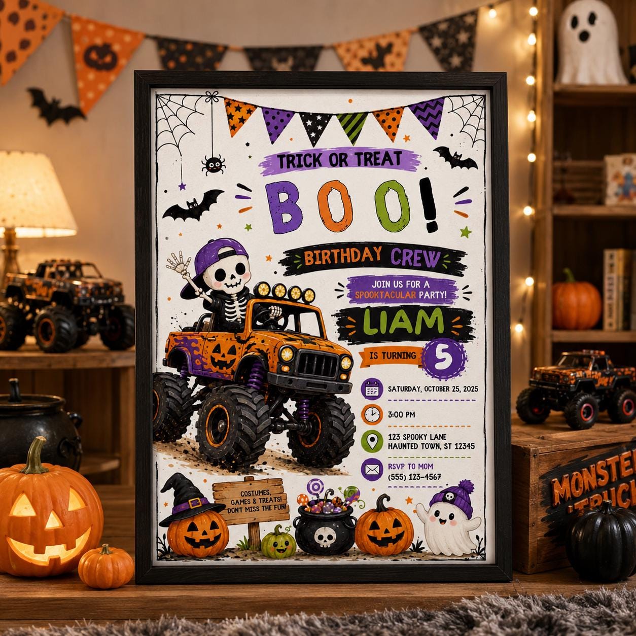 Halloween Monster Truck 5th Birthday Invitation, Spooky Skeleton Racing Party, Editable Canva Template