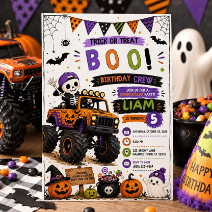 Halloween Monster Truck 5th Birthday Invitation, Spooky Skeleton Racing Party, Editable Canva Template