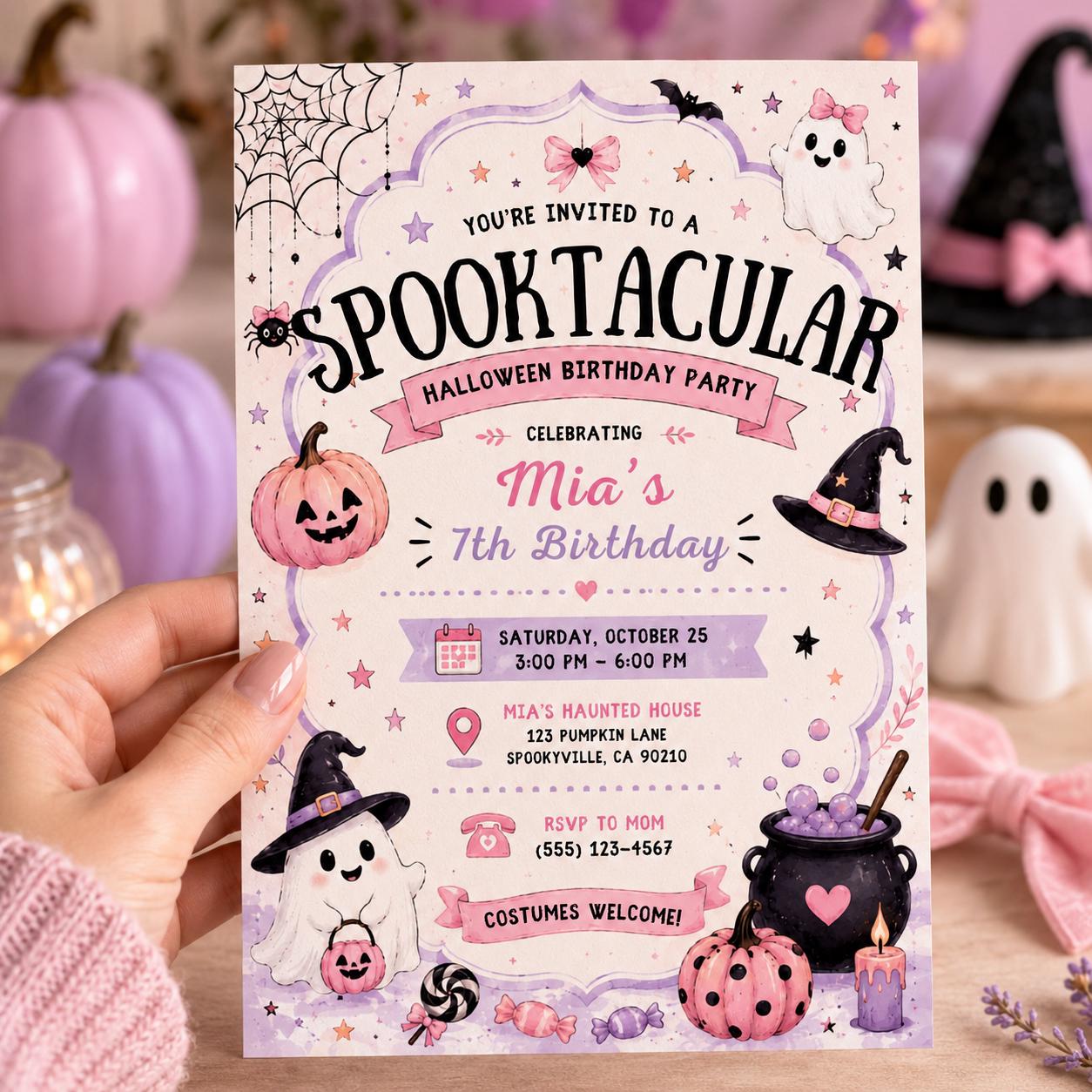 Pink Halloween 7th Birthday Invitation, Cute Ghost Party Invite, Girls Spooky Costume Party, Editable Canva Template, Instant Download