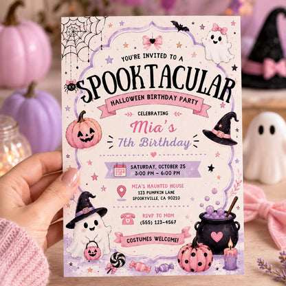 Pink Halloween 7th Birthday Invitation, Cute Ghost Party Invite, Girls Spooky Costume Party, Editable Canva Template, Instant Download