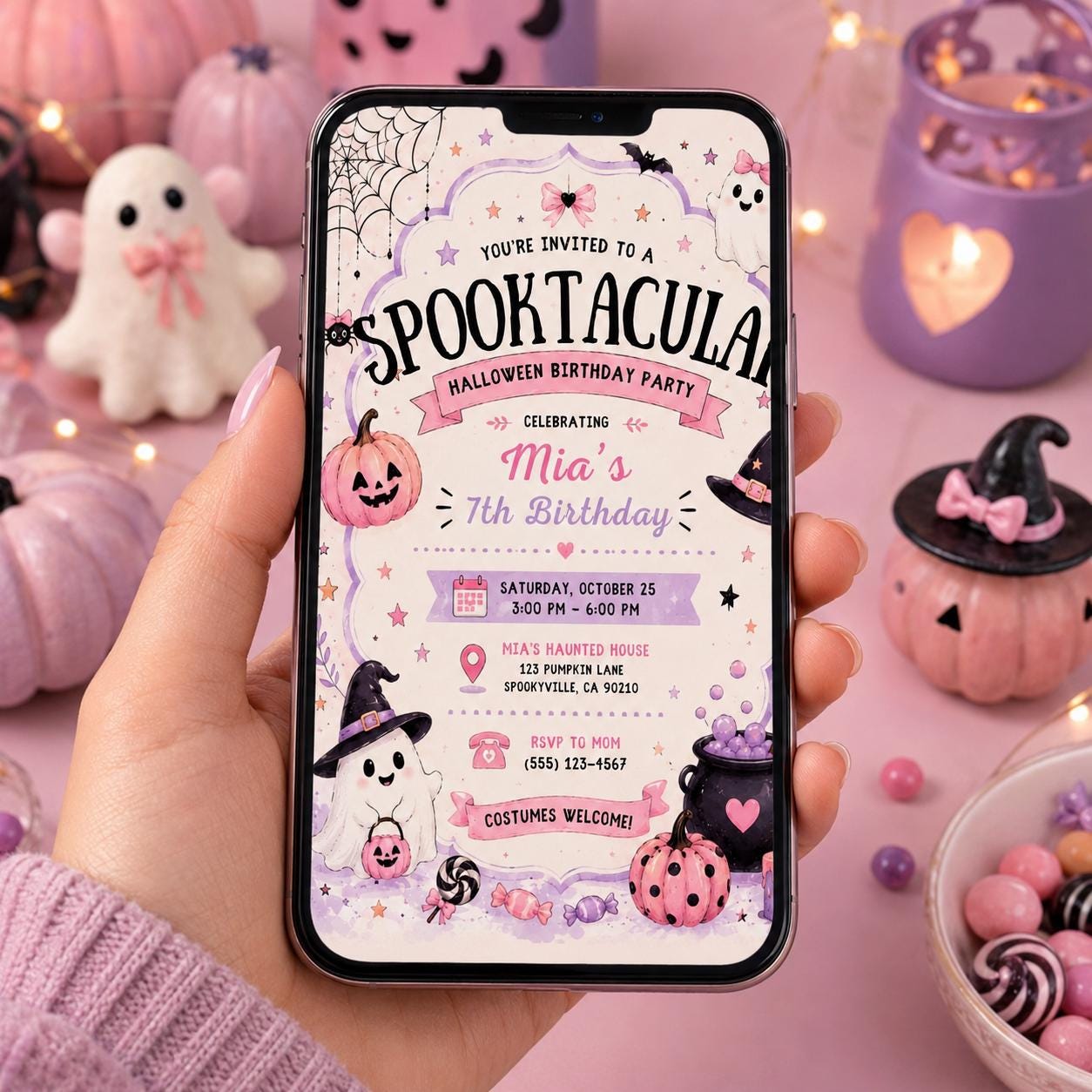 Pink Halloween 7th Birthday Invitation, Cute Ghost Party Invite, Girls Spooky Costume Party, Editable Canva Template, Instant Download