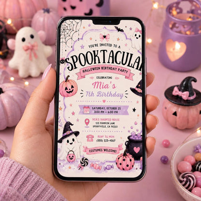 Pink Halloween 7th Birthday Invitation, Cute Ghost Party Invite, Girls Spooky Costume Party, Editable Canva Template, Instant Download
