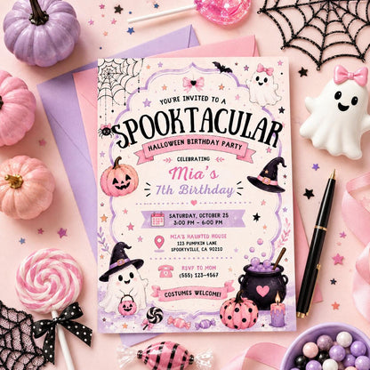 Pink Halloween 7th Birthday Invitation, Cute Ghost Party Invite, Girls Spooky Costume Party, Editable Canva Template, Instant Download