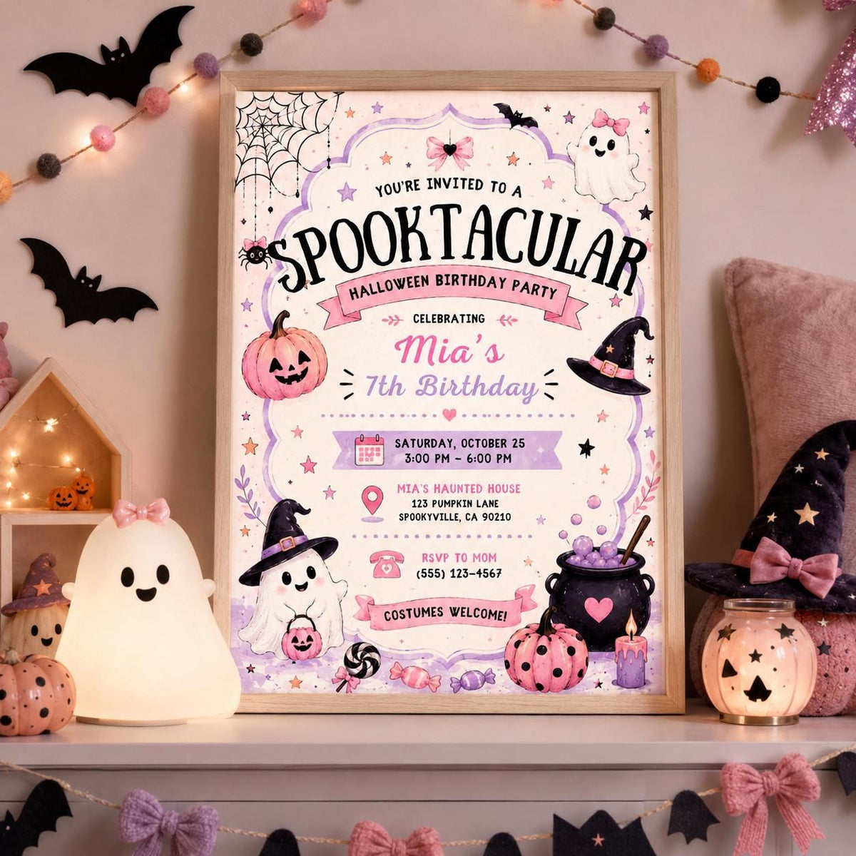 Pink Halloween 7th Birthday Invitation, Cute Ghost Party Invite, Girls Spooky Costume Party, Editable Canva Template, Instant Download