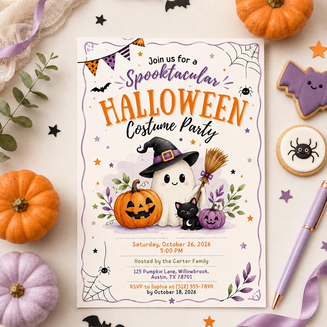 Halloween Costume Party Invitation, Cute Ghost Party Invite, Editable Canva Template, Kids Spooky Celebration Printable, Instant Download