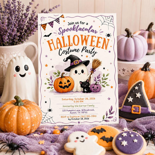 Halloween Costume Party Invitation, Cute Ghost Party Invite, Editable Canva Template, Kids Spooky Celebration Printable, Instant Download