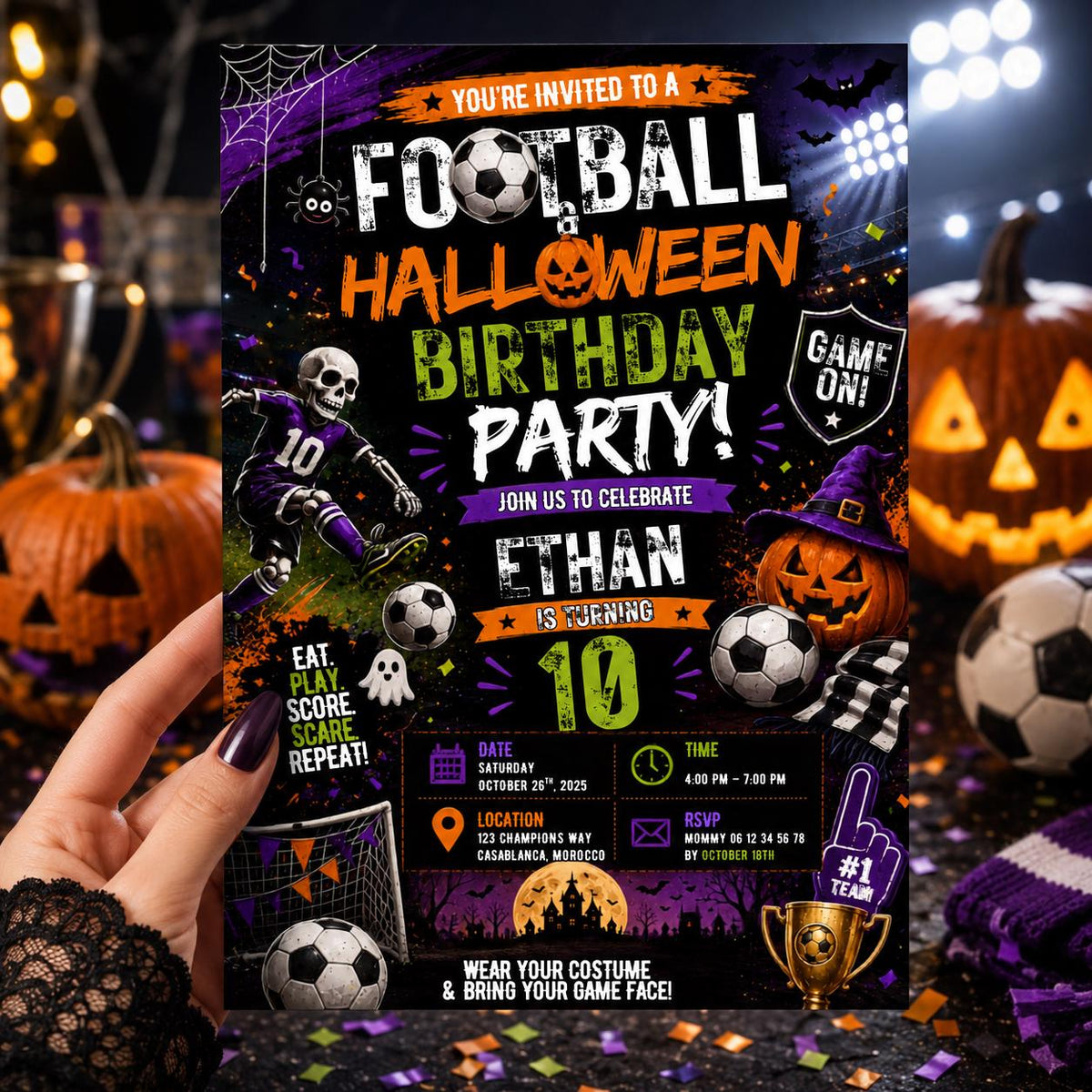 Halloween Soccer Birthday Invitation, Football Party Invite, Spooky Sports Birthday, Editable Canva Template, Instant Download