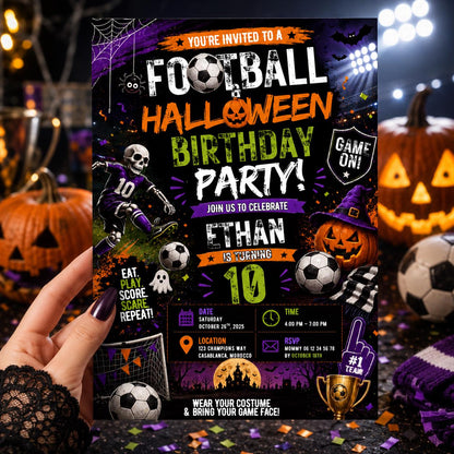 Halloween Soccer Birthday Invitation, Football Party Invite, Spooky Sports Birthday, Editable Canva Template, Instant Download