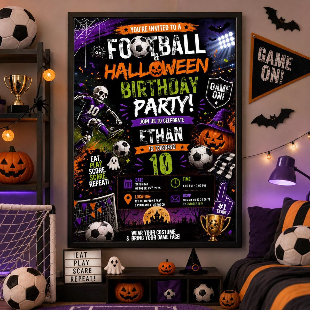 Halloween Soccer Birthday Invitation, Football Party Invite, Spooky Sports Birthday, Editable Canva Template, Instant Download