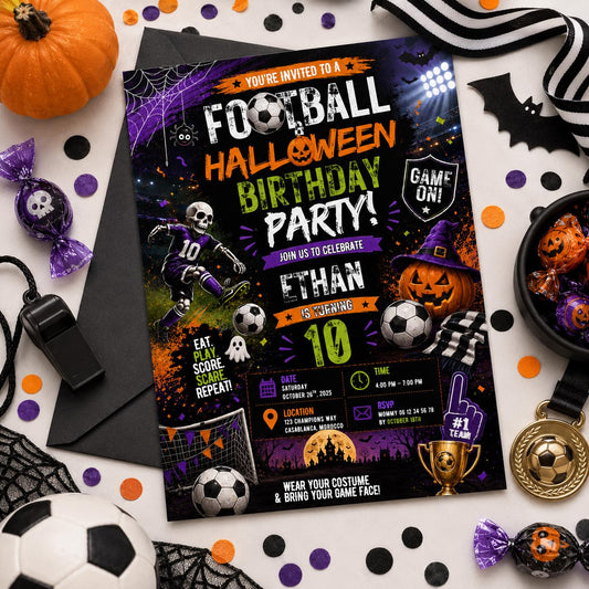 Halloween Soccer Birthday Invitation, Football Party Invite, Spooky Sports Birthday, Editable Canva Template, Instant Download