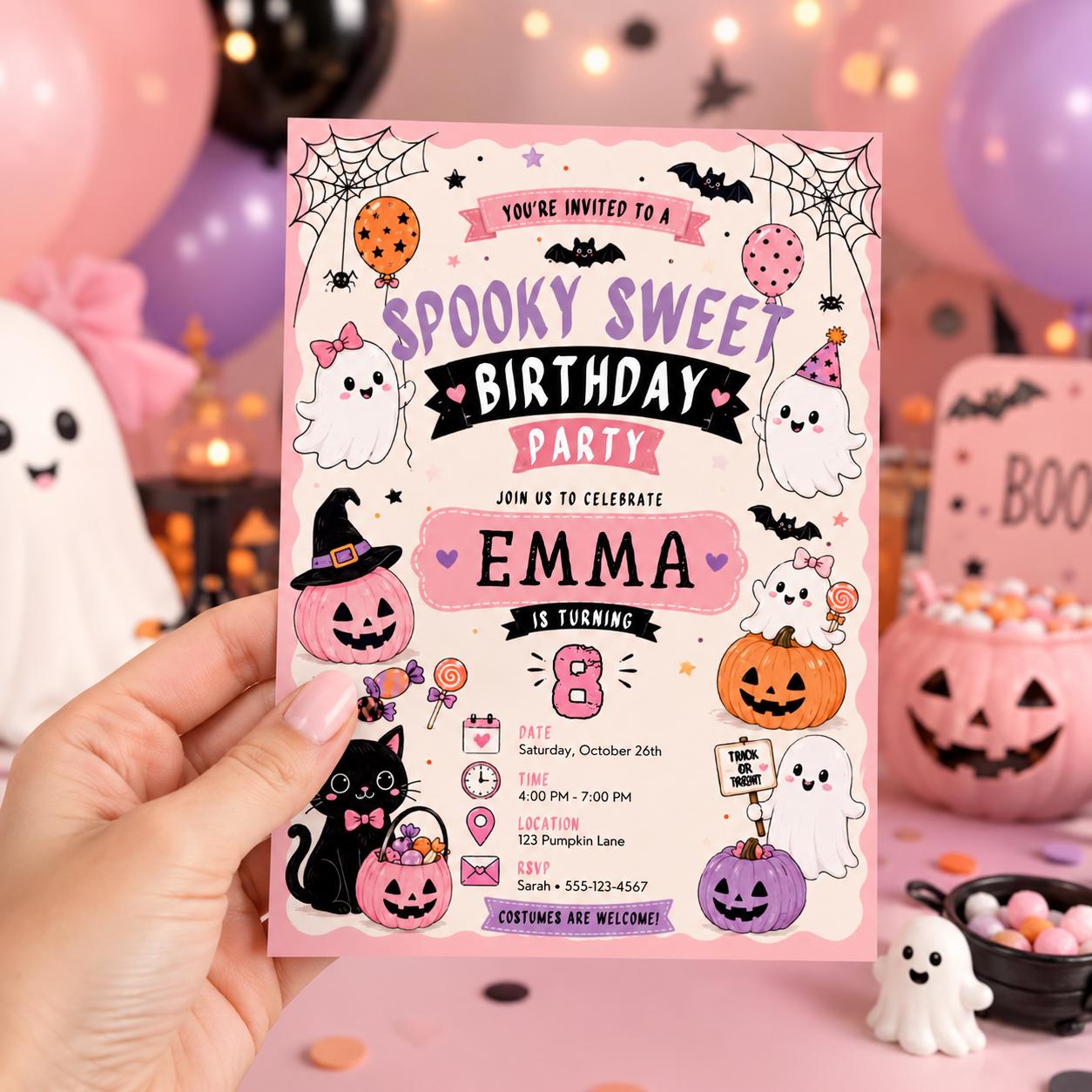 Pink Halloween 8th Birthday Invitation, Spooky Sweet Ghost Party Invite, Girls Costume Party, Editable Canva Template