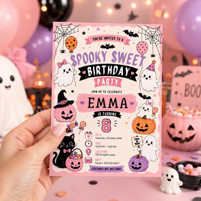 Pink Halloween 8th Birthday Invitation, Spooky Sweet Ghost Party Invite, Girls Costume Party, Editable Canva Template