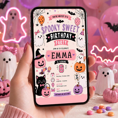 Pink Halloween 8th Birthday Invitation, Spooky Sweet Ghost Party Invite, Girls Costume Party, Editable Canva Template