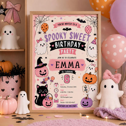 Pink Halloween 8th Birthday Invitation, Spooky Sweet Ghost Party Invite, Girls Costume Party, Editable Canva Template