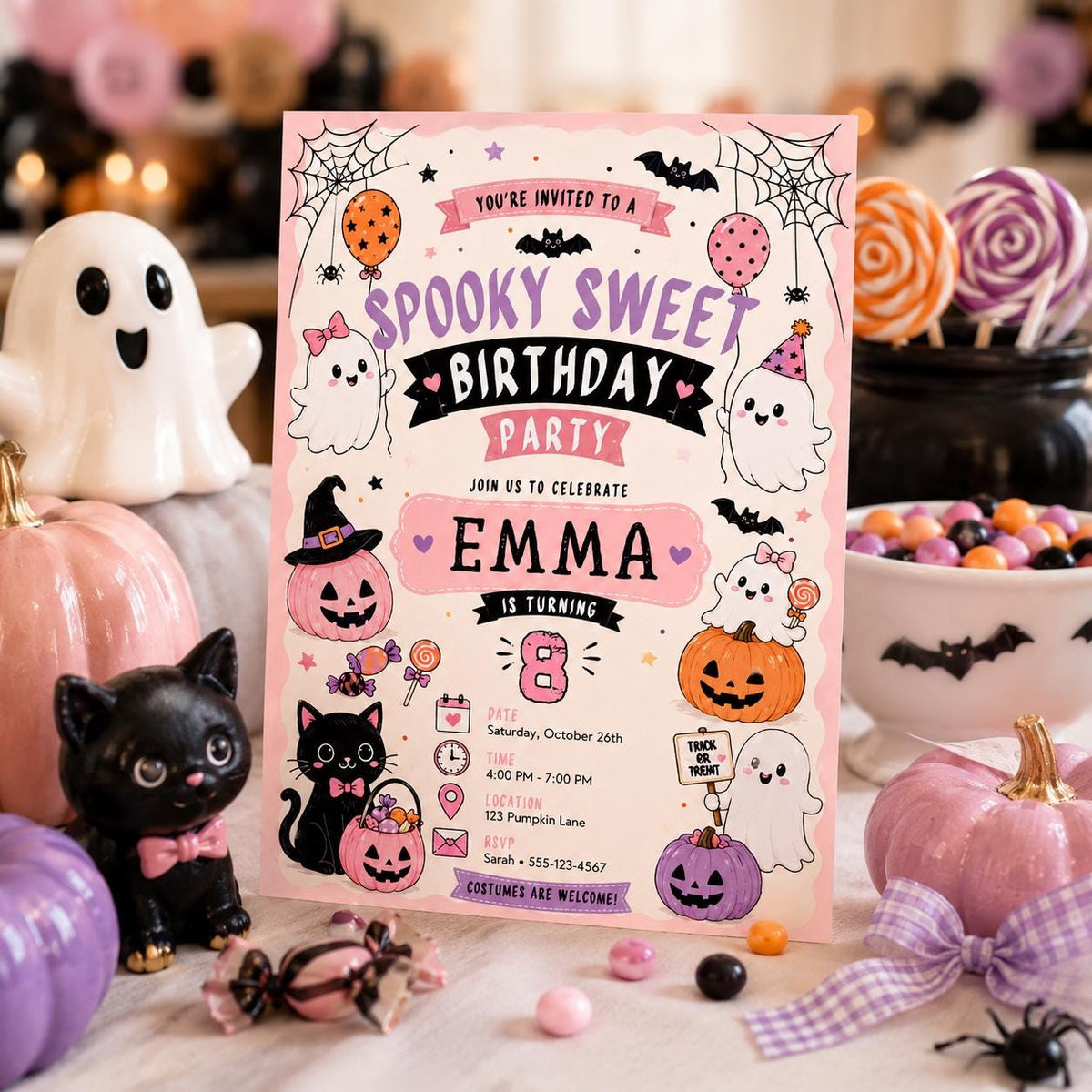 Pink Halloween 8th Birthday Invitation, Spooky Sweet Ghost Party Invite, Girls Costume Party, Editable Canva Template