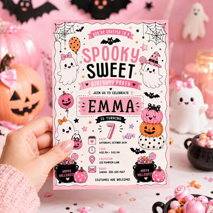 Pink Halloween 8th Birthday Invitation, Spooky Sweet Ghost Party Invite, Girls Costume Party, Editable Canva Template