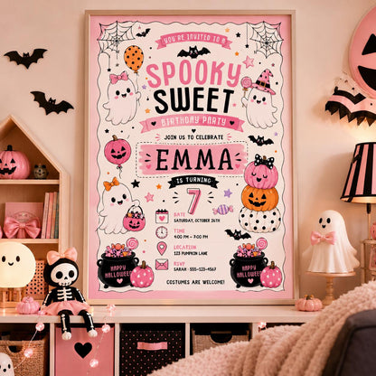 Pink Halloween 8th Birthday Invitation, Spooky Sweet Ghost Party Invite, Girls Costume Party, Editable Canva Template