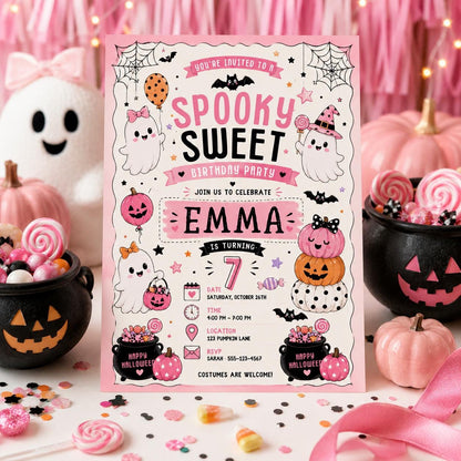Pink Halloween 8th Birthday Invitation, Spooky Sweet Ghost Party Invite, Girls Costume Party, Editable Canva Template