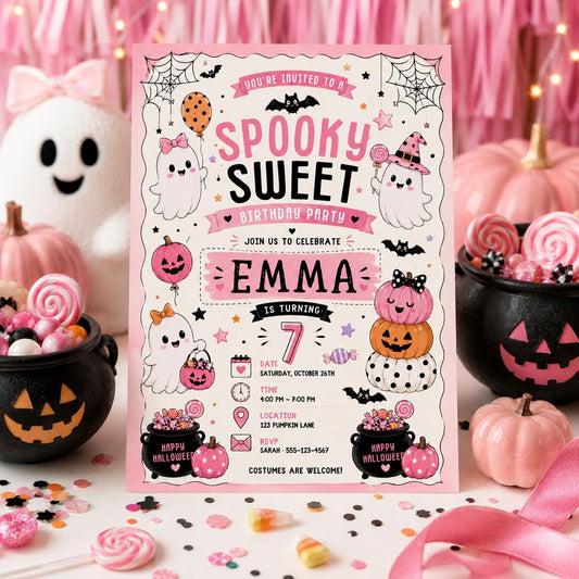 Pink Halloween 8th Birthday Invitation, Spooky Sweet Ghost Party Invite, Girls Costume Party, Editable Canva Template