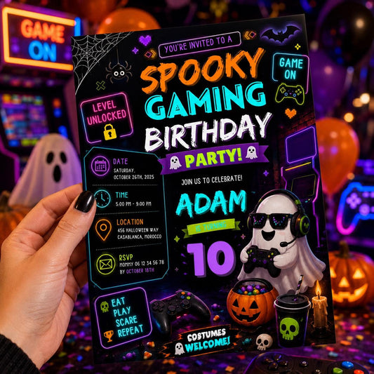 Spooky Gaming 10th Birthday Invitation, Halloween Video Game Party Invite, Neon Gamer Editable Canva Template, Instant Download
