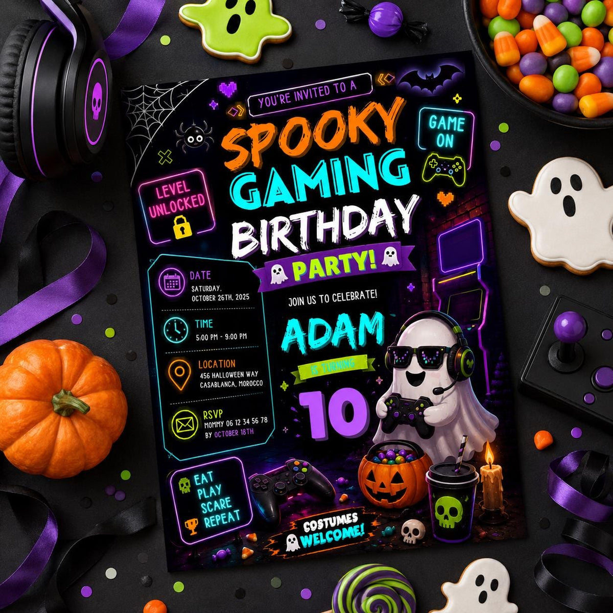 Spooky Gaming 10th Birthday Invitation, Halloween Video Game Party Invite, Neon Gamer Editable Canva Template, Instant Download