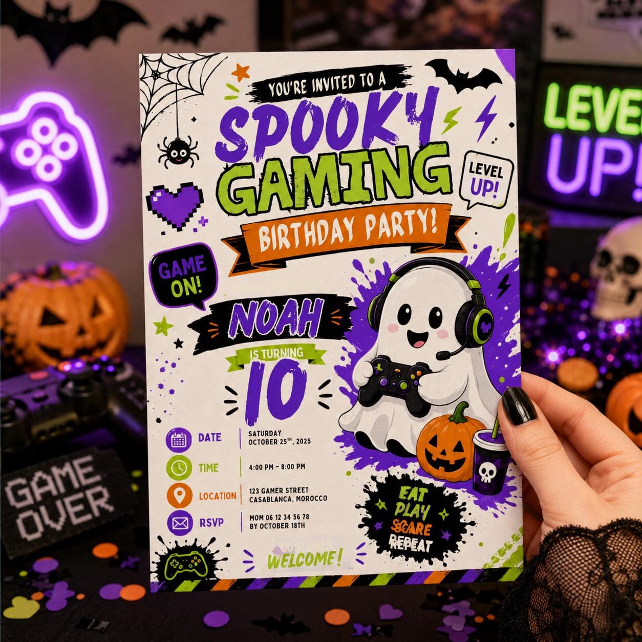 Spooky Gaming 10th Birthday Invitation, Halloween Video Game Party Invite, Neon Gamer Editable Canva Template, Instant Download