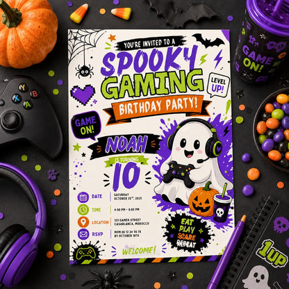 Spooky Gaming 10th Birthday Invitation, Halloween Video Game Party Invite, Neon Gamer Editable Canva Template, Instant Download