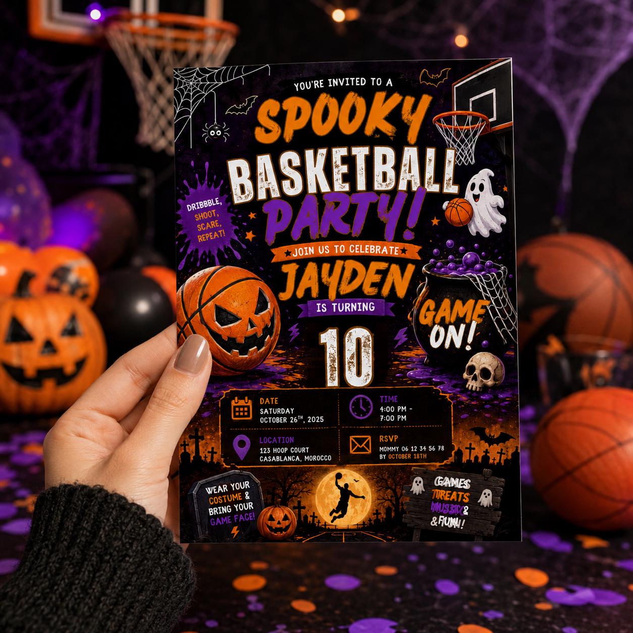 Halloween Basketball Birthday Invitation, Spooky Sports Party Invite, Editable Canva Template, 10th Birthday Instant Download