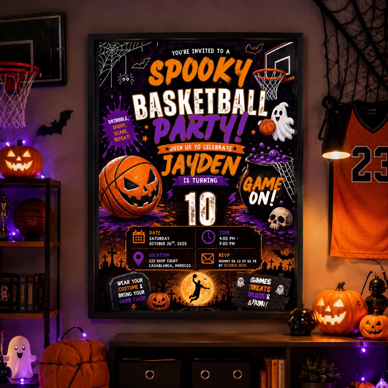 Halloween Basketball Birthday Invitation, Spooky Sports Party Invite, Editable Canva Template, 10th Birthday Instant Download
