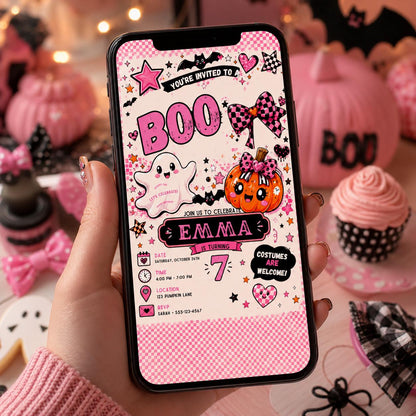 Pink Halloween 7th Birthday Invitation, Cute Ghost Boo Party Invite, Girls Spooky Birthday, Editable Canva Template