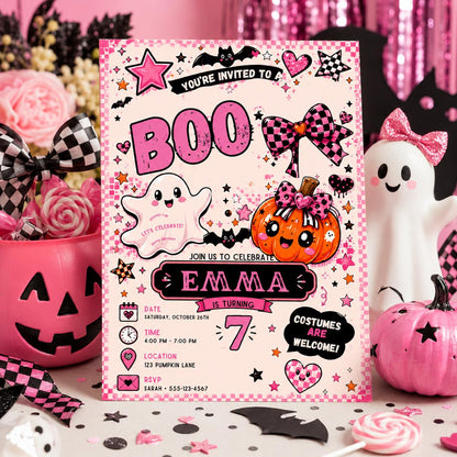 Pink Halloween 7th Birthday Invitation, Cute Ghost Boo Party Invite, Girls Spooky Birthday, Editable Canva Template