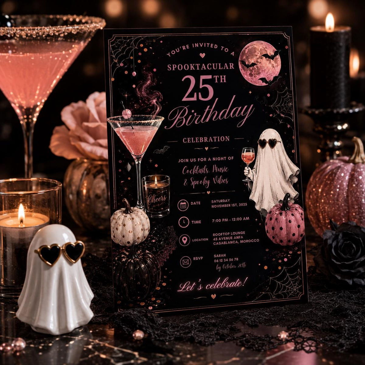 Halloween 25th Birthday Invitation, Pink Cocktail Party Invite, Spooky Adult Birthday, Editable Canva Template, Instant Download